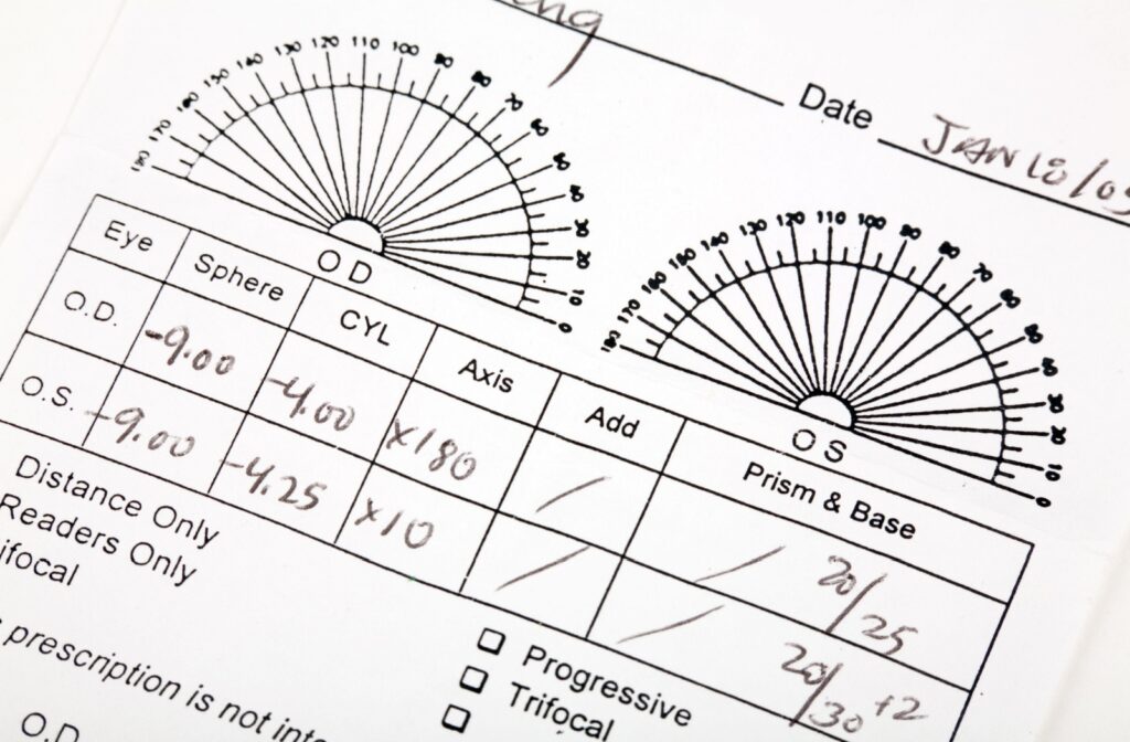 A close up of a eyeglasses prescription from an optometrist