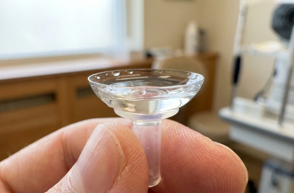 Large scleral contact lens filled with saline solution resting on an insertion tool held by a hand.