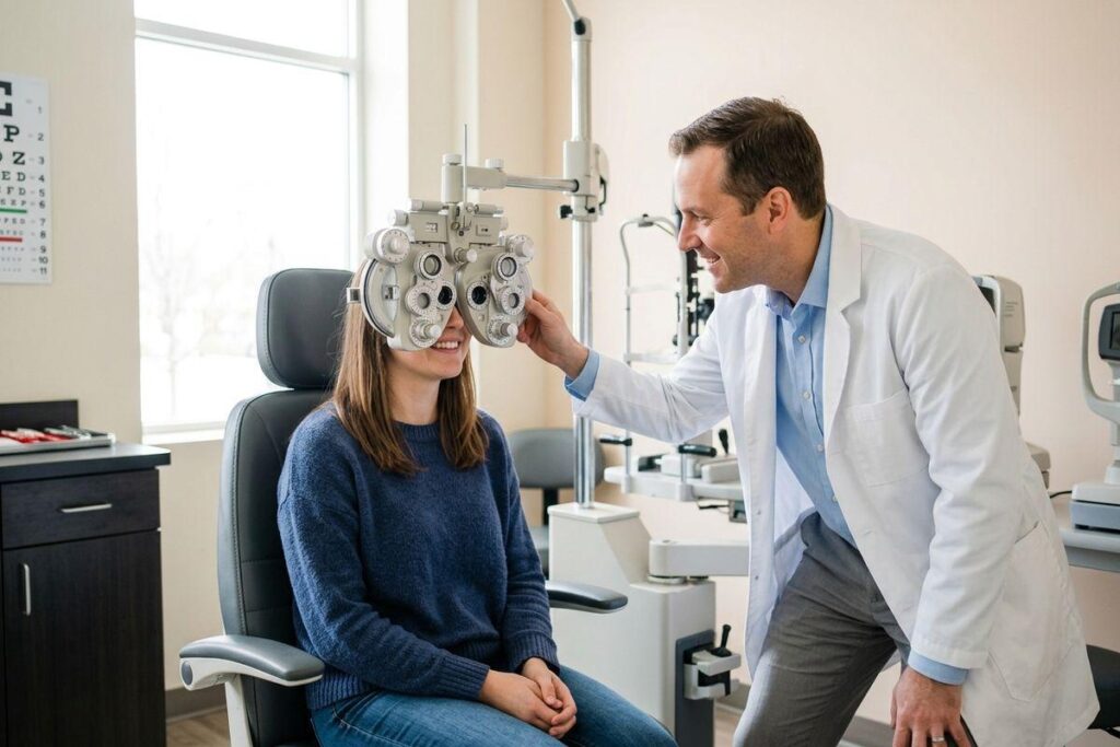 Optometrist adjusting a phoropter for a smiling patient seated in an exam chair, eye chart on the wall.
