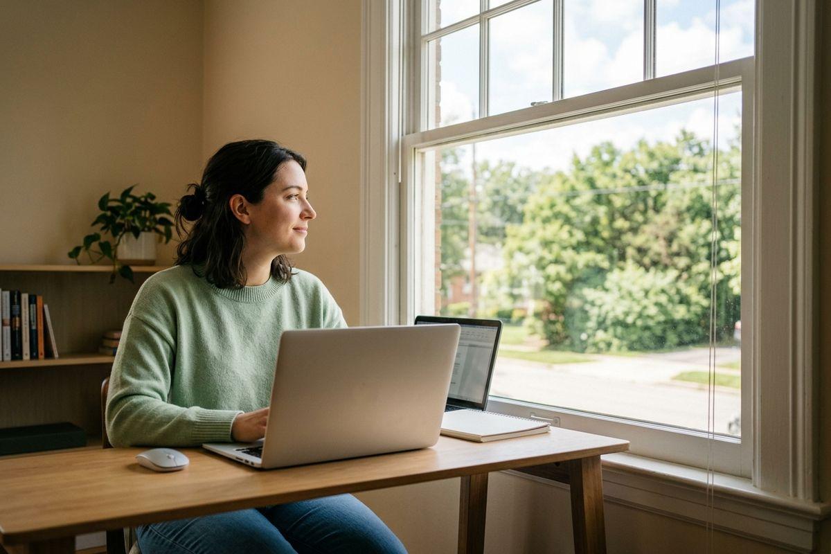 Person at a desk with a laptop, smiling and looking out a sunlit window onto trees.