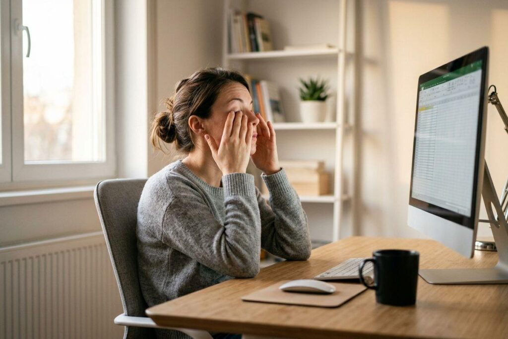 Person rubbing their eyes at a desk with a computer monitor, keyboard, mouse, and mug in a home office.
