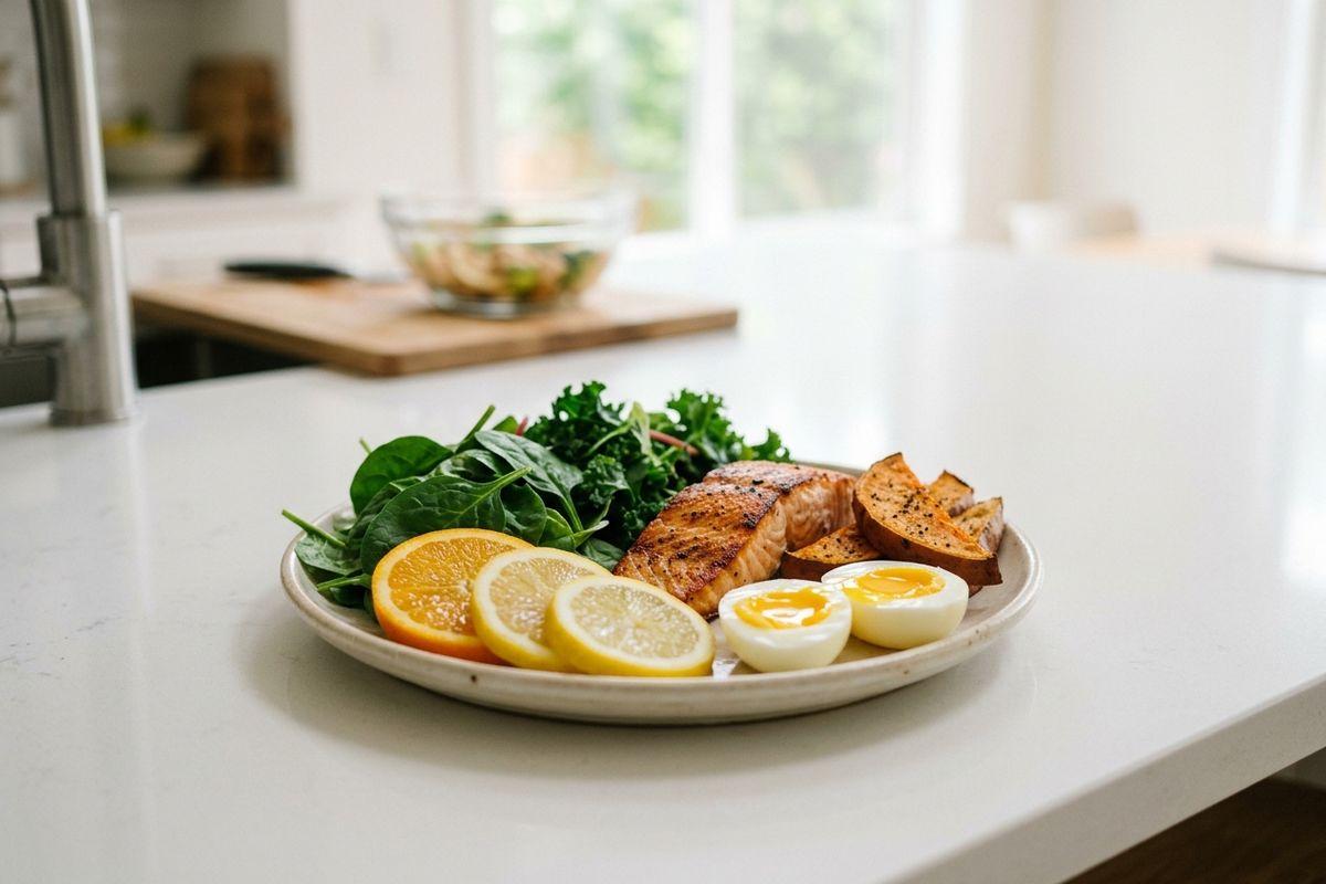 Plate of salmon, leafy greens, sweet potato, boiled eggs, and citrus slices on a white kitchen counter.