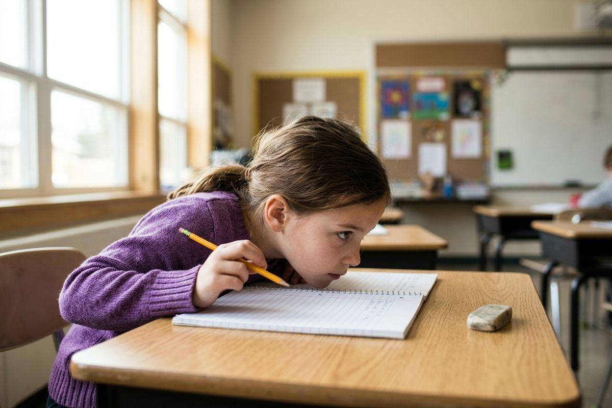 Child in purple sweater rests head on classroom desk, holding a pencil over an open notebook, looking focused.