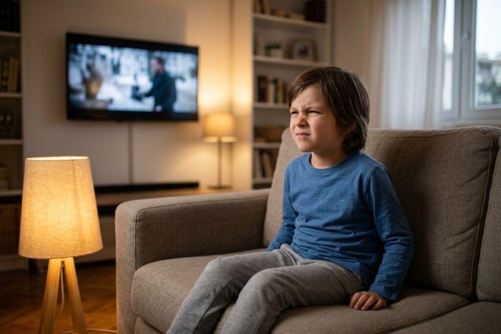 Child sitting on a sofa, squinting toward a wall-mounted TV in a living room with lamps and bookshelves.