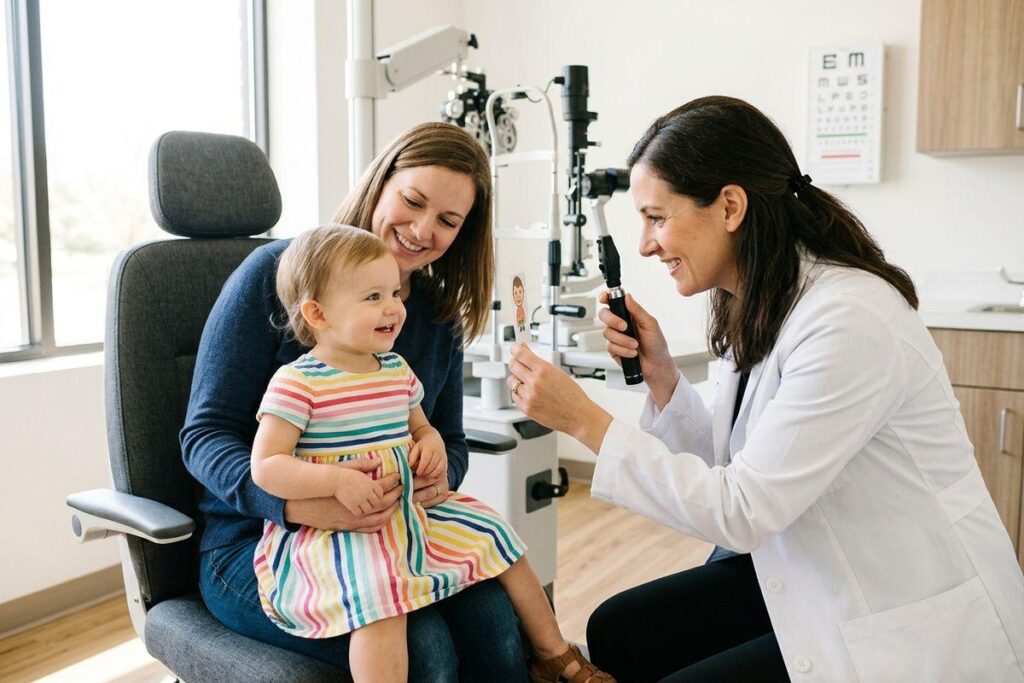 Optometrist holds a card and light to examine a smiling toddler sitting on an adult's lap in an exam room with eye chart.