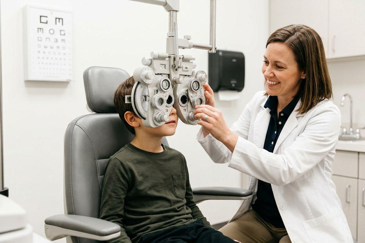 Optometrist smiling adjusts a phoropter for a child during an eye exam, with an eye chart on the wall.